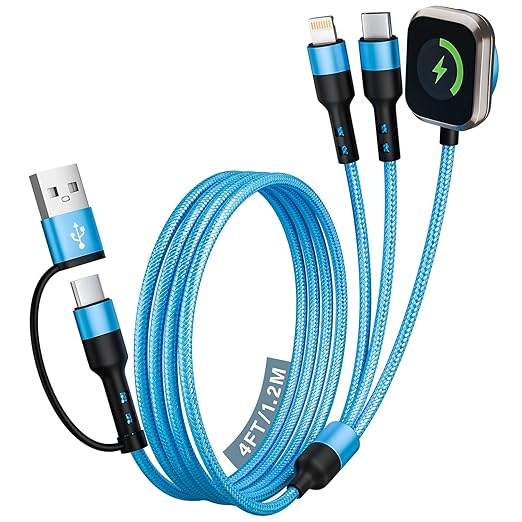 Cruise Travel Essentials 2026, 3 in 2 USB A/C Cable to iPhone 17 Charger/iWatch Charger/IP, Braided Multi Charging Cable Cord, Multi Charger Cable for iWatch Series & iPhone17-11/iPad-4FT