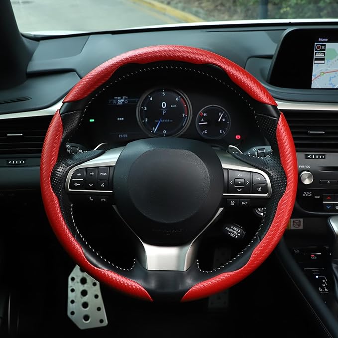 Amiss 3pcs Carbon Fiber Anti-Skid Steering Wheel Cover, Waterproof & Segmented Butterfly Design, Universal 99% Vehicle Wheel Cover Protector, Car Interior Accessories, Red