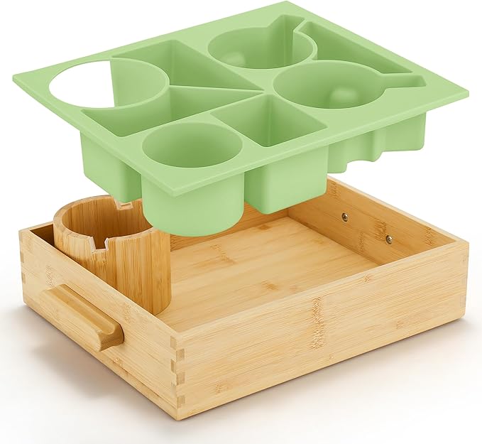 Nnewvante Divided Cup Holder Tray, 8 in 1 Serving Tray with Handle for Sofa Bed RV Car Organizer Caddy Movie Night Snack Trays, Bamboo and BPA Free Silicone, Green