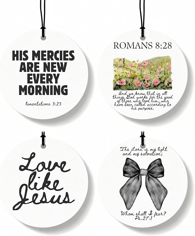 Black Christian Round Car Air Freshener 4 Pcs, Coquette Black Bow Religious Hanging Air Freshener for Cars Closet Drawer Books, Christian Girly Car Accessories Mirror Decor for Women