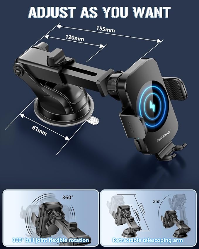 Wireless Car Charger, Fast Charging Phone Holder 3 in 1 Phone Mount Auto Clamping Car Accessories Compatible with iPhone 17 16 15 14 13 12 11 Xs XR, Samsung S23 Ultra S22 S21 S20/S10+ S9+ Note 9