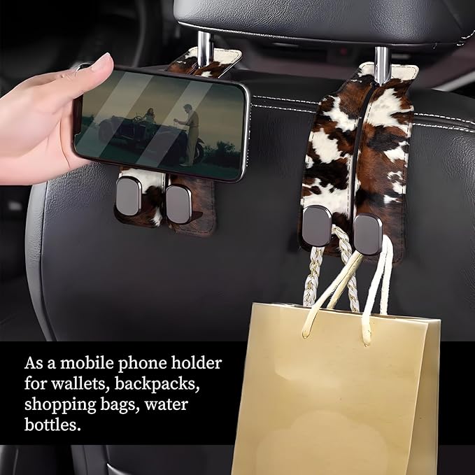 Car Seat Headrest Hook, Universal Leather Cute Hanger Holder Hook, Storage Organizer Interior Accessories for Purse Bags Handbag Luxury Brown Cowhide
