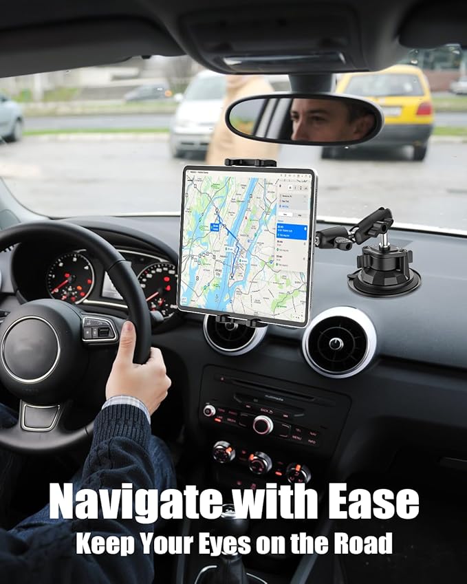 Charchendo Tablet Holder for Car Truck SUV Dashboard Windshield, Strong Suction Cup Tablet Phone Mount with 7.5" Metal Arm 360° Rotation Fits iPad Pro 13/12.9/Air/Mini, Galaxy Z Fold, 4-13" Devices