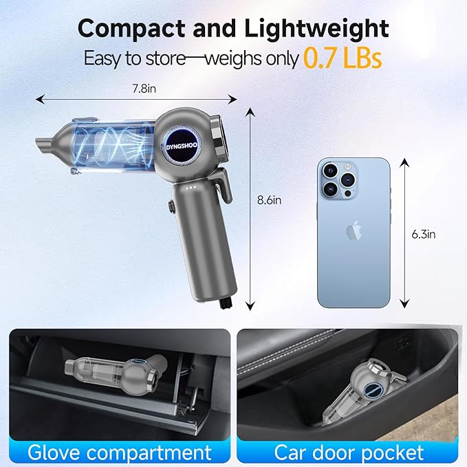 Handheld Car Vacuum Portable Cordless（Equipped with a one-touch window breaker and seatbelt cutter)25000Pa High-Power Suction Hand held Vacuum Cleaner & Air Duster for Car Cleaning (（silver gray）)