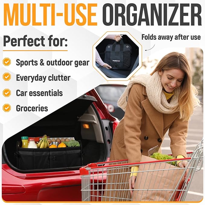FORTEM Trunk Organizer For SUV Car Organizer and Storage, Collapsible Multi-Compartment Storage Bag Car Accessories for Women Men, 1680D Oxford, Non Slip Bottom, Adjustable Straps, Soft Cover (65L)