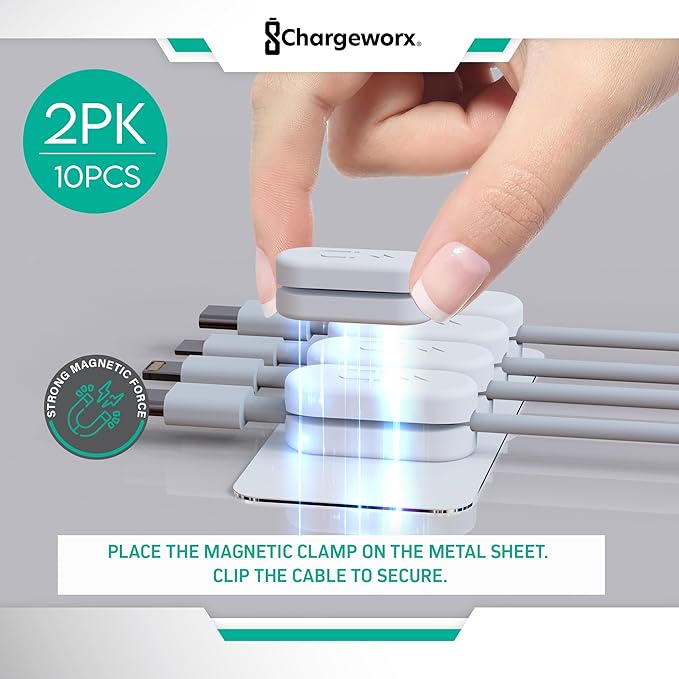 CHARGEWORX Magnetic Cable Clips 10-Pack – Adhesive Cord Organizer for Desk, Wall, Nightstand & Car – Magnetic Cable Holder for USB-C, Lightning, HDMI & Charging Cables – Cable Management Clips