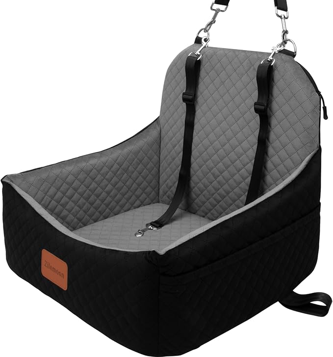 Car Dog Seat with 2 Safety Leashes,Dog Booster Seat for Small Medium Dogs 0-28lbs,Pet Car Travel Safety Bed with Storage PocketsFully Detachable and Easy to Install(S1-Black Outside Grey Inside)