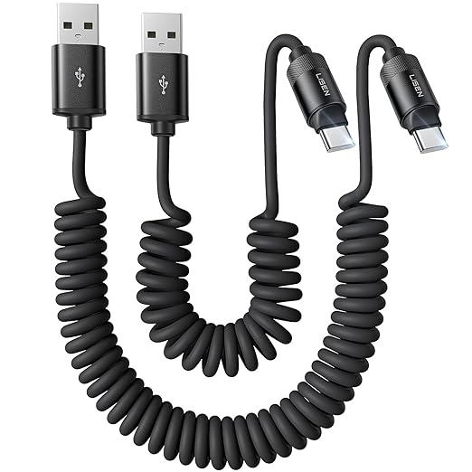 LISEN Coiled USB C Cable, 2 Pack for Android Auto & CarPlay Cable, Short USB A to USB C Cable Compatible with iPhone 17/16/15, Samsung Galaxy S25/S24/S23 A15/A14, Google Pixel 9/8, Space Black 4+6FT