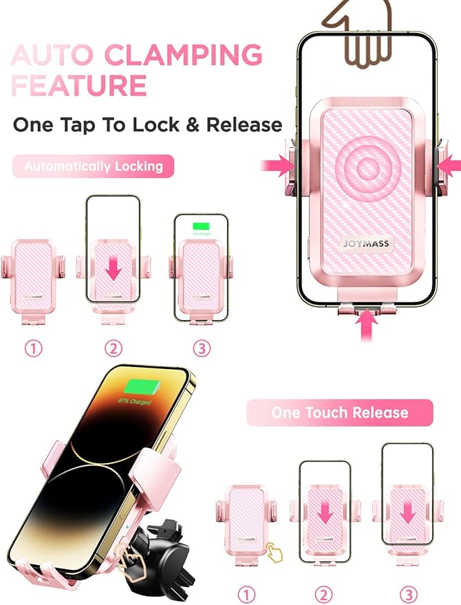 JOYMASS Wireless Car Charger, Phone Holders for Your Car, 15W Auto Clamping Phone Mount Car Accessories for iPhone 16 15 14 13 12 Mini Pro Max 11, Samsung Galaxy S24 Ultra S23 S22+ Note 20, etc-Pink