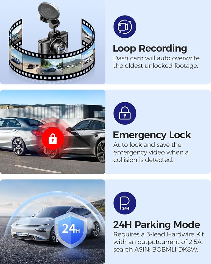 AZDOME Upgraded M01 Pro 3K WiFi Dash Cam Front and Rear, Free 64GB Card, App Control Dashboard Camera for Car, G-Sensor Parking Modes Dashcam, ADAS, Loop Recording (Matte Black)