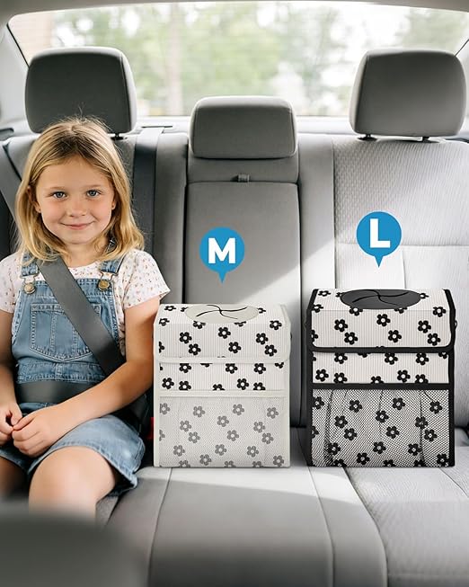 Corduroy Car Trash Can with Lid and Mesh Pockets - Leakproof Organizer,Multipurpose Waterproof Garbage Can/Trash Bin for Car(Off-White Base with Black Floral Print-2 Gallons)