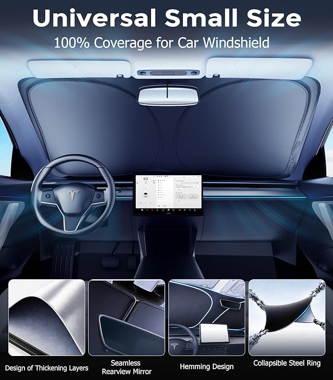 DMJN Front Windshield Sun Shade for Universal Small Size, [Nano Ice-Crystal Coatings] UPF50+ Heat & UV Block, Protect Car Interior & Keep Cool, Flodable Steel-Ring Car Cover for Summer