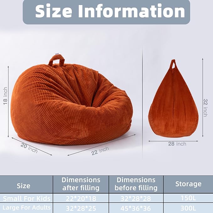 Stuffed Animal Storage Bean Bag Cover (No Filler), Corduroy Kids & Toddler Bean Bag Chair for Teens & Adults, Toy Storage Organizer, Comfy Sofa for Playroom (Amber Color, Kids (Cover Only）)
