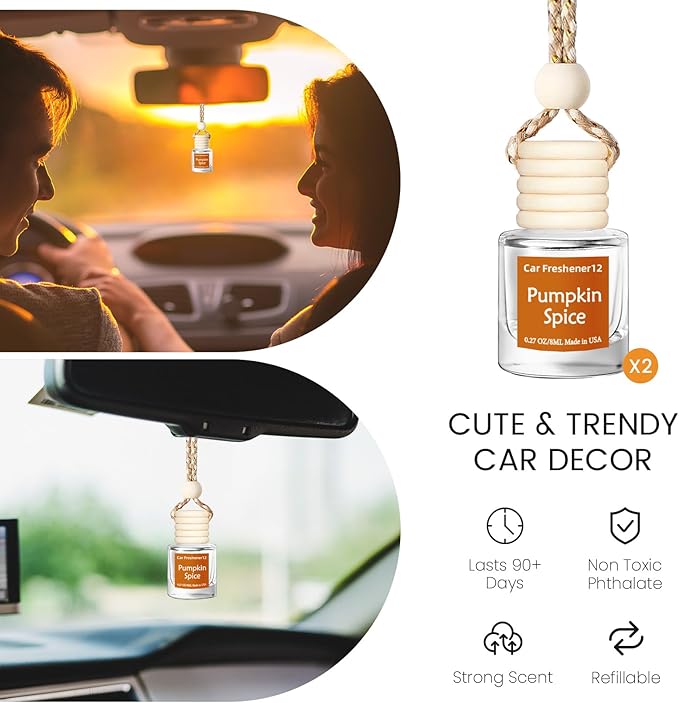 Hanging Car Air Freshener, Long Lasting Essential Oil Diffuser, Non-Toxic Pumpkin Spice Scent, Cute Car Fresheners for Women, 2 Pack Made in USA