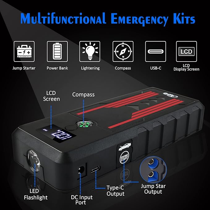 Car Jump Starter 1000A, CTWJO Portable Jump Starter Battery Pack for Up to 7.2L Gas and 5.5L Diesel Engines, 12V Jump Box with USB-C Smart Port, Compass, LCD Screen, LED Light, Travel Case