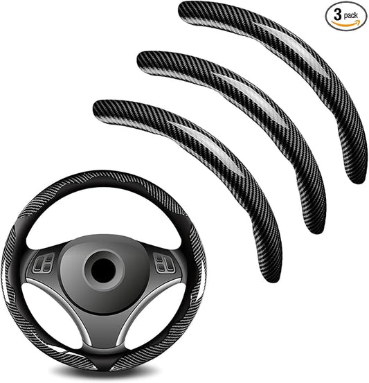 3pcs Universal Carbon Fiber Steering Wheel Cover - Anti-Slip & Segmented Design, Universal 99% Durable Steering Wheel Protector for Men and Women, Car Interior Accessory (Black)