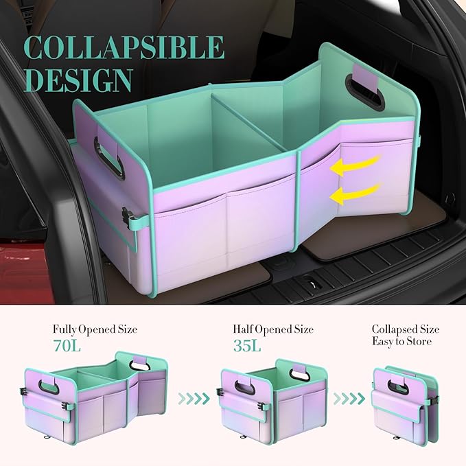 Trunk Organizer For Suv&Sedan,Car Organizers&Storage, Waterproof Collapsible & Adjustable Straps,70L Sturdy Car Organization for Car Accessories,Tools,Sundries,2-3Compartment(Colorful Green)