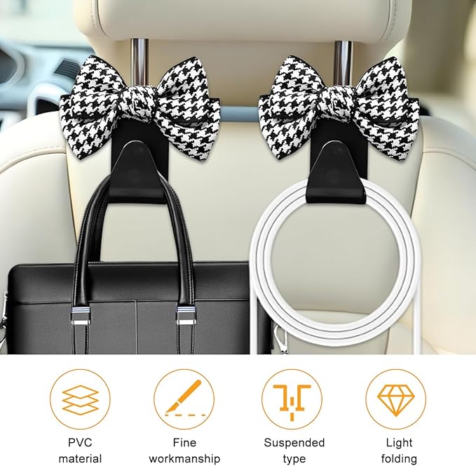 Cute Bow Car Seat Headrest Hooks, 2PCS Multifunctional Vehicle Rear Seat Hanging Hooks, Automotive Interior Seatback Storage Organizer for Purses Bags, Universal Fit (Black/Small)
