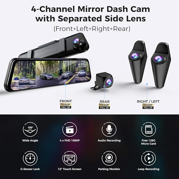 360 Degree View 4 Channel Mirror Dash Cam Detached Camera for Cars，Dash Cam Front and Rear Side(Left,Right),12'' Rear View Mirror Camera1080Px4,WiFi,Night Vision,GPS,Parking Monitor,Free 128GB Card