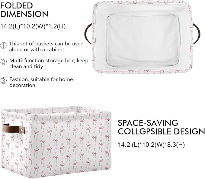 Wamika Pink Ribbon Bow Storage Basket with Waterproof Liner and PU Handles White Bow Tie Cute Storage Bins Boxes 14.2" Collapsible Decorative Organizer Baskets for Bedroom Closet Office 2 Pack
