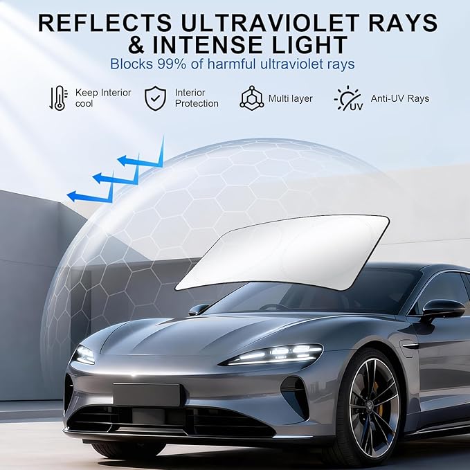 JUSTTOP Car Sun Shade Windshield - Foldable Sun Car Window Shield 300T Coated Silver Cloth Reflective Polyester Material Blocks 99% UV Rays, Fits Most Windshields(Large63 x 35 in)