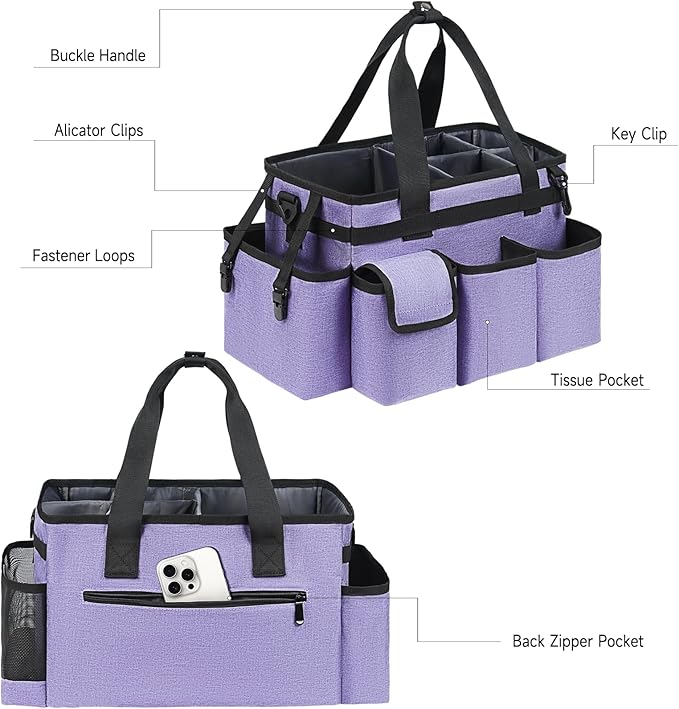 Cleaning Caddy,Cleaning Bag for Housekeepers,Cleaning Supplies Organizer with Handle,Purple