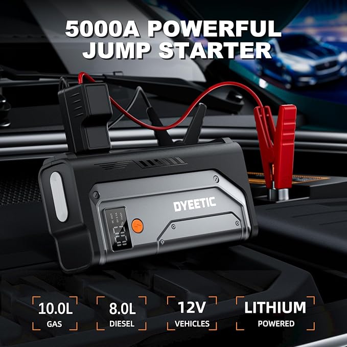 Car Jump Starter 5000A, Jump Starter Portable Battery Pack for 10.0L Gas and 8.0L Diesel Engines, 12V Lithium Jumper Box, Car Starter Booster with Power Bank, LED Light, Jumper Cable