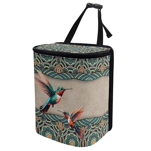 Talayituse Boho Mandala Hummingbird Print Car Trash Can, Portable Auto Garbage Bin Multifunctional Vehicle Interior Accessories with Adjustable Straps Universal Fit Truck SUV Sedan