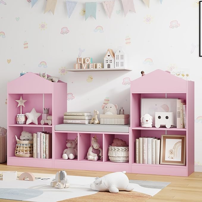 MHOM 68.9“ Kids Bookshelf with Reading Nook, Toy Storage Organizer with Seat Cushion and 7 Storage Cubbies, Wooden Kids Bookcase, Toy Organizers for Nursery, Playroom, Pink