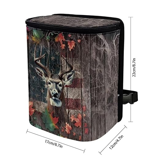 Talayituse Deer Wood American Flag Print Car Trash Can, Portable Auto Garbage Bin Multifunctional Vehicle Interior Accessories with Adjustable Straps Universal Fit Truck SUV Sedan