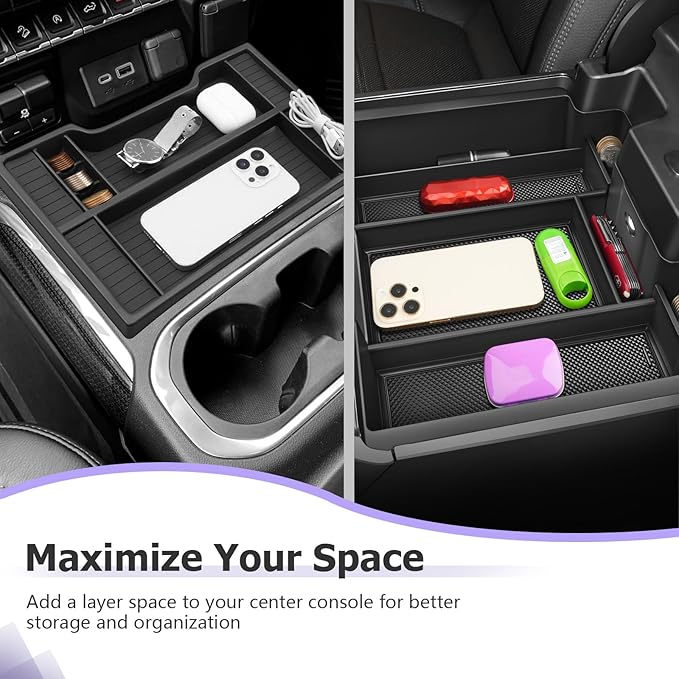 LUWU Center Console Organizer Compatible with 2019-2022 Chevy Silverado/GMC Sierra 1500 & 2020-2023 Chevy Silverado/Sierra 2500HD 3500HD Accessories, 2-Pack Black (ONLY for Full Console w/Bucket Seat)
