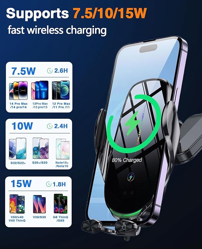 Wireless Car Charger, 15W Fast Wireless Charger for Car Auto-Clamping, Fit for iPhone 15 14 13 12 11 Pro Max Xs, Samsung Galaxy S23 Ultra S22 S21 S20, S10+ S9+ Note 9, etc