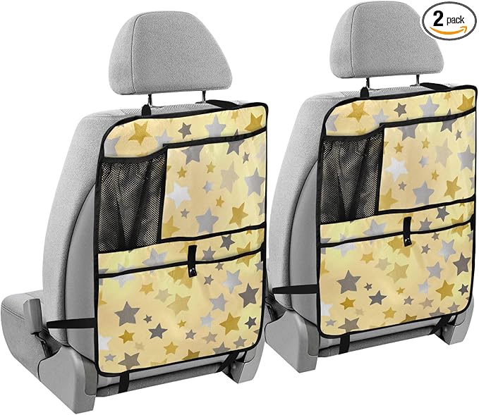 2 Pack Back Seat Car Organizer with Storage Pockets Kick Mats Back Seat Protector Hanging Car Organizer Automotive Seat Back Cover Organizers Cute Silver and Golden Stars