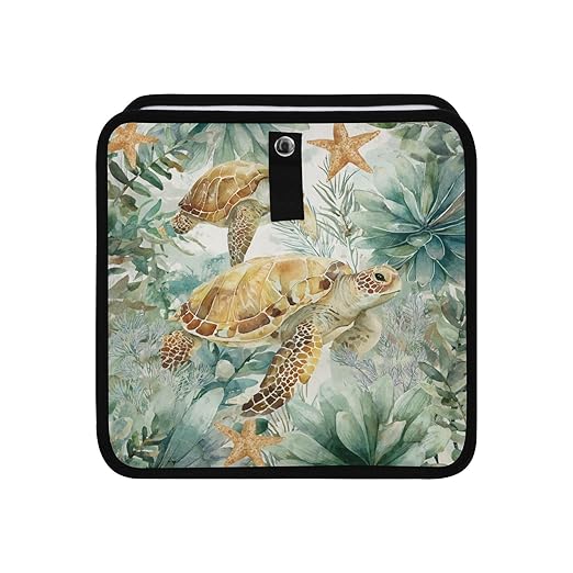 Car Trash Can Organizer Bin with Adjustable Strap for Back Front Seat Console Waterproof Leakproof Collapsible Portable 8.66 Inch Sea Turtle Starfish Plants