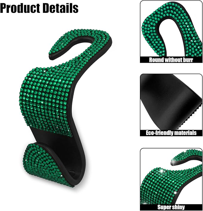OSIFIT 2PCS Car Seat Hooks, Bling Car Rhinestone Headrest Hooks, Universal Bling Car Interior Accessories, for Handbag, Clothes, Purse, Water Bottle (Green)
