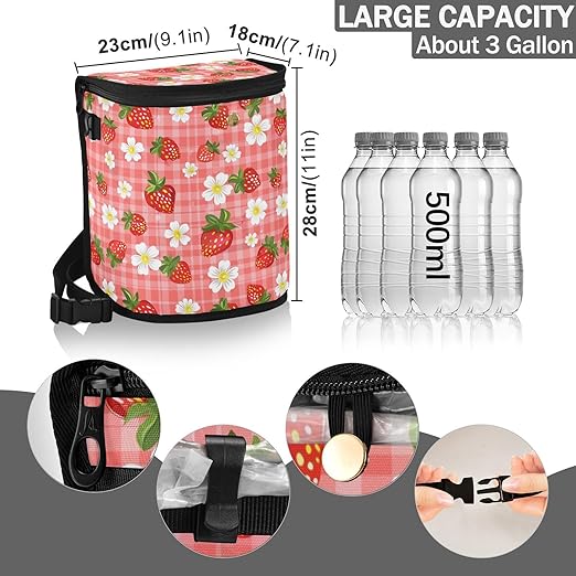 Strawberry Florals Checkered Plaid Car Trash Can Car Garbage Bag with Lid Hanging Waterproof Leak Proof Vehicle Storage Bin