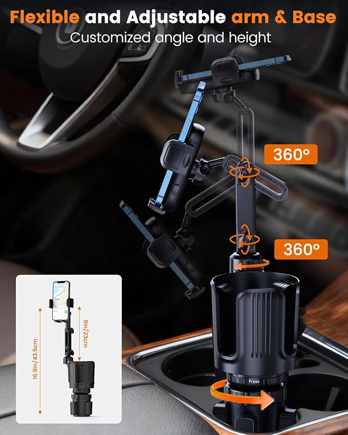 Cup Phone Holder for Car with Expandable Base, Upgraded 2 in 1 Hands Free Cellphone Holder Cupholder Car Mount, Stable Retractable Long Arm Universal Fit iphone and Large Bottle, for Truck SUV