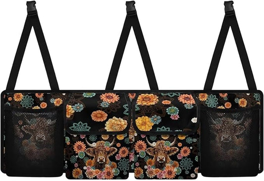 Boho Mandala Highland Cow Car Trunk Organizer with 4 Compartments Floral Flowers Car Storage Bag Multipurpose Cargo Bag