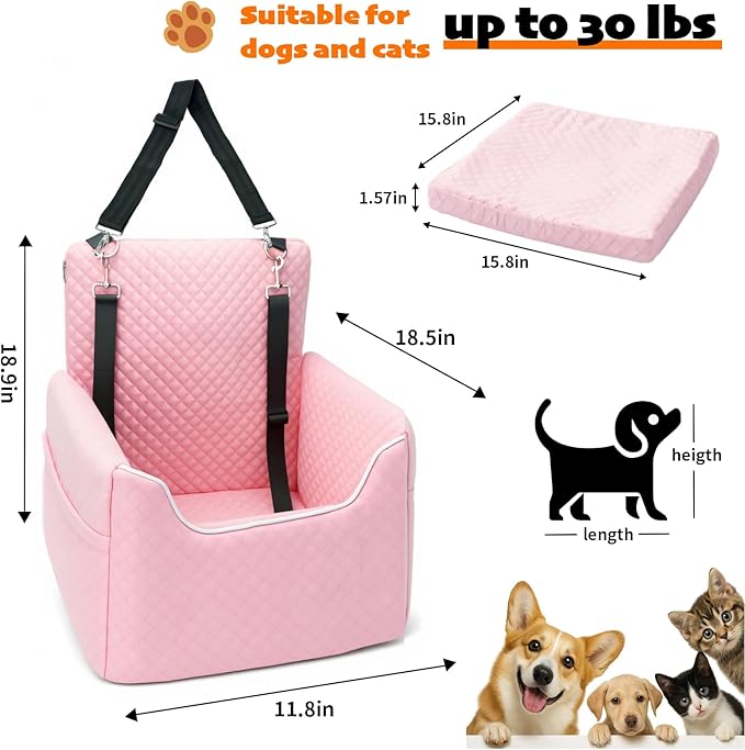 ALL GOOD PET SUPPLIES Dog Car Seat for Small/Medium Dogs Under 35lbs, Soft Booster Car Seat with Detachable Washable Cover and Cushion, Puppy Dog Car Bed, Pink