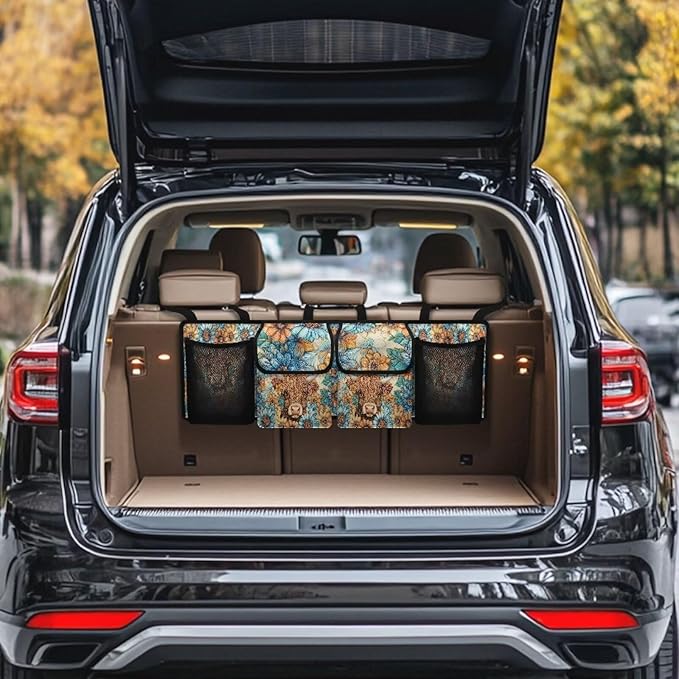 Hippie Floral Highland Cow Trunk Organizer Car Women Large Capacity Car Back Seat Organizer Car Organization with Lid