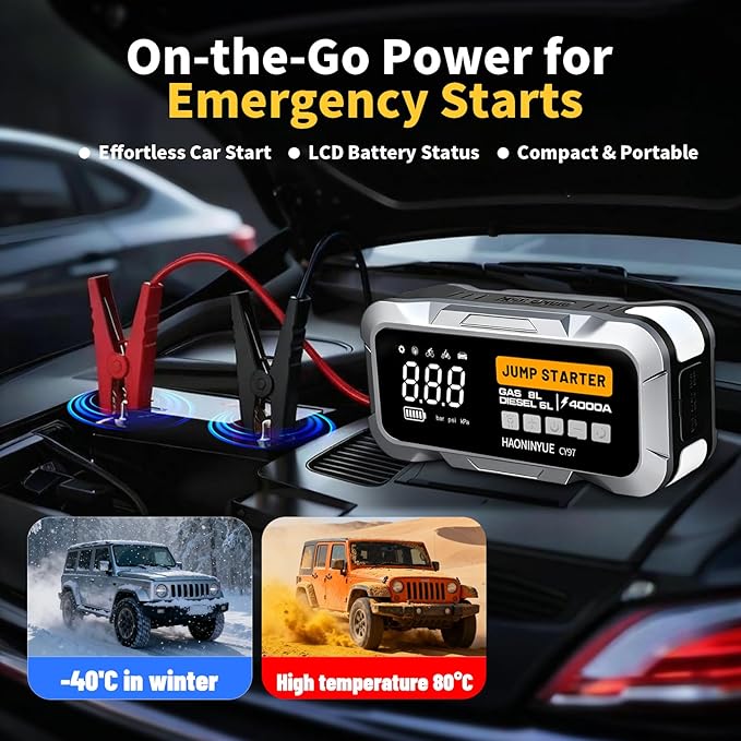4000A Car Jump Starter with Air Compressor, Car Jumper 150PSI Portable Car Battery Jump Starter, 12V Jump Box Battery Pack (8L Gas 6L Diesel Engine) with Boost, LEDLight and Jumper Cables