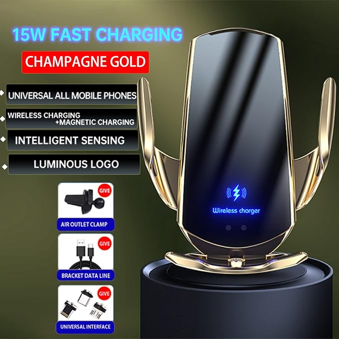 Wireless Car Charger Automotive Electric Induction 15W Wireless Charger Car Vent Mount Bracket Fast Charging Auto-Clamping Car Phone Holder Mount Air Vent Phone Holde (Gold)