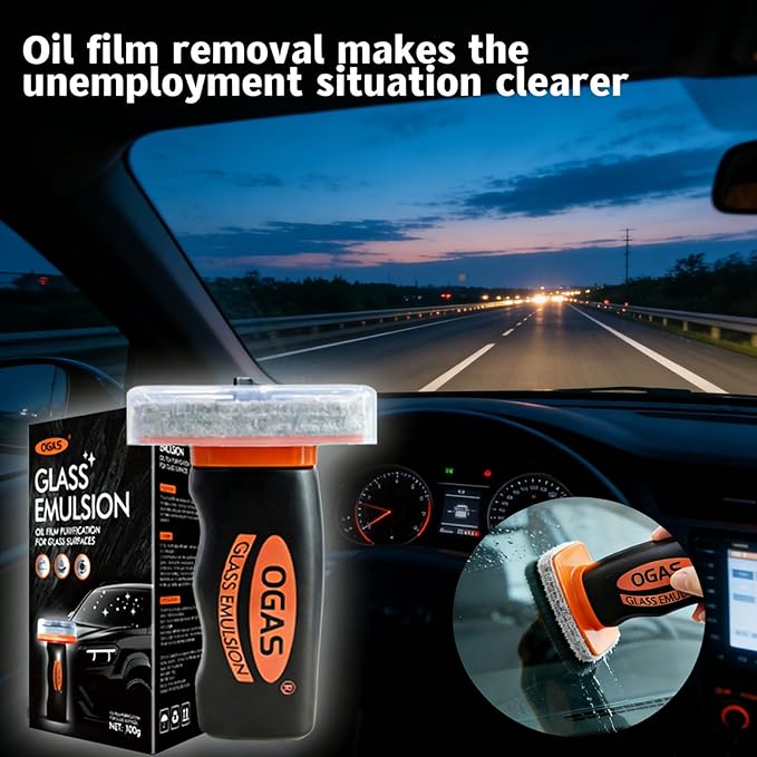 1PCS Glass Oil Film Remover for Car Windshield, Glass Emulsion Cleaner with Cleaning Board, Handle Oil Film Remover For Cars Window, Windshield Cleaner Tool for Crystal Clear Driving View