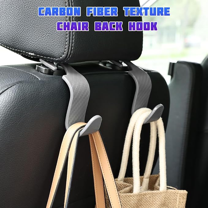 Car Seat Headrest Hooks, 4PCS Carbon Fiber Vehicle Back Seat Storage Hanger Holder for Hangbag Coat Grocery, Automotive Interior Headrest Hook Organizer, Universal for Vehicles (Gray)