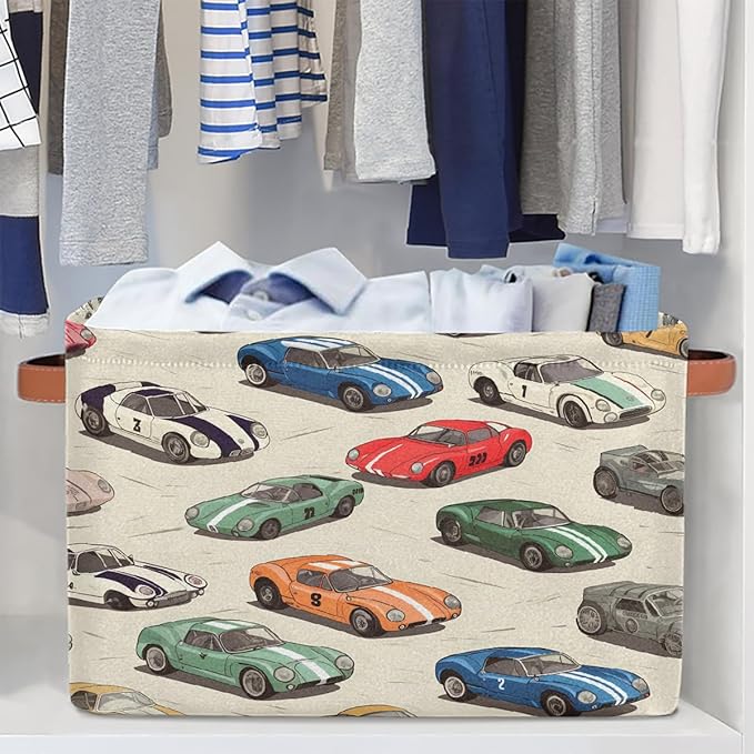 Race Cars Storage Baskets for Organizing, Fabric Collapsible Storage Bins Box Cool Decorative Toy Organizer Baskets for Closet Shelves Gift Basket 2Pcs