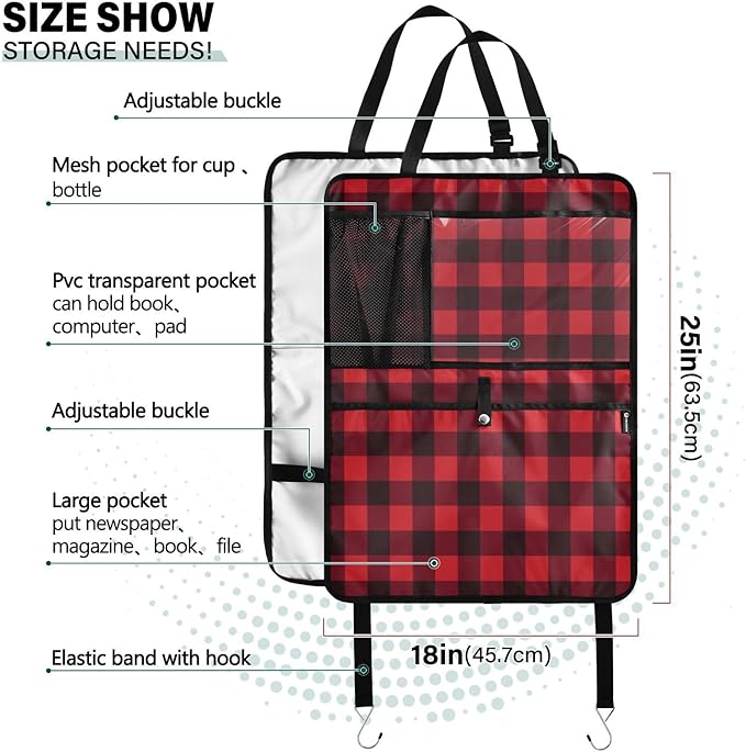 2 Pack Back Seat Car Organizer with Storage Pockets Kick Mats Back Seat Protector Hanging Car Organizer Automotive Seat Back Cover Organizers Red and Black Buffalo Plaid