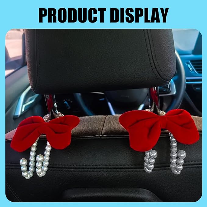 2 PCS Bow Pearl Car Headrest Hooks, Elegant & Cute Seatback Storage Organizers, Durable Alloy Accessories for Hanging Backpacks Umbrellas & Wallets for Girl Women's Vehicles (Red)