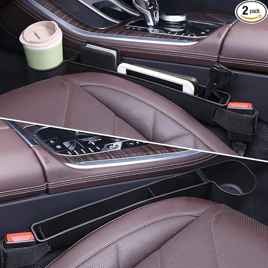 Car Seat Gap Filler, Multifunctional Seat Side Gap Filler with Cup Holder & Organizer, Gap Stopper Universal Fit Car SUV Truck Fill The Gap Between Seat & Console Set of 2 (Black)