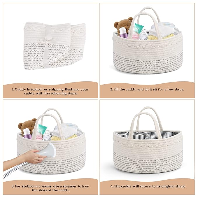 luxury little Diaper Caddy Organizer, Large Cotton Rope Nursery Baby Basket, Changing Table Organizer for Baby Diaper Storage, Portable Car Organizer Removable Divider (Off White, Large)