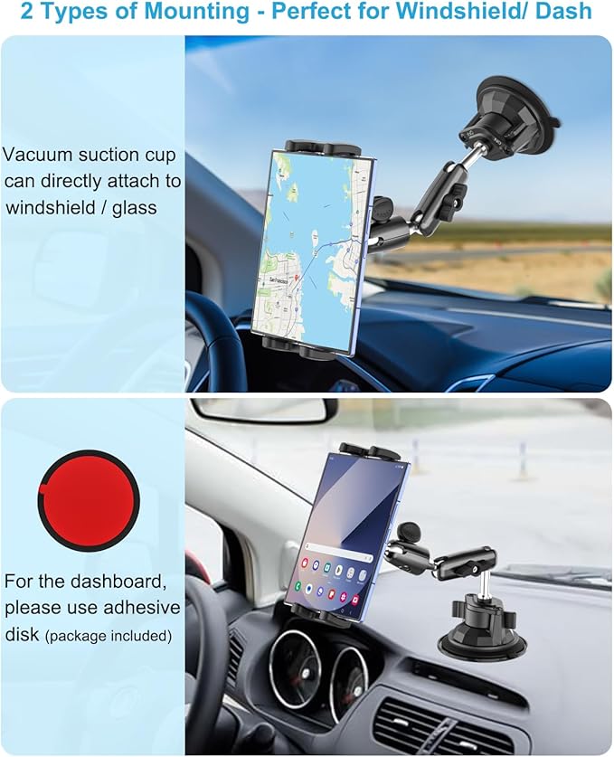 Z Fold Car Holder, [Super Suction Cup] Dashboard Windshield Mount for Foldable Phone, 360° Metal Arm Truck Tablet Phone Stand for Galaxy Z Fold 7 6 5 4 3 2, Pixel Fold, Galaxy Tab, 4-13" Device